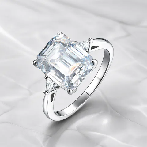 925 Sterling Silver Emerald Cut Moissanite Ring For Women Three Stone Engagement Wedding Ring With GRA Certificate