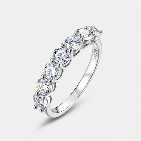 Anillo de Moissanita de Plata de Ley S925 para Mujer Fila Única Corte Brillante Redondo Chapado en Oro Blanco Alianza de Boda Joyería