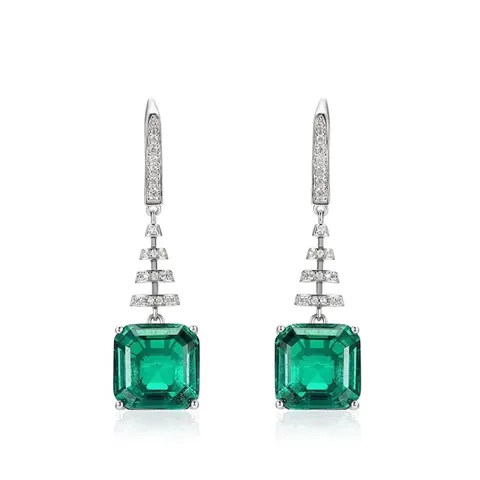Luxury 925 Sterling Silver Square Synthetic Emerald Drop Earrings For Women Elegant Rhinestone Inlaid Geometric Jewelry Gift