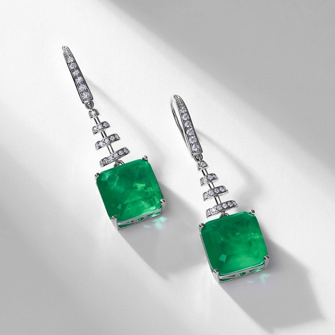 Luxury 925 Sterling Silver Square Synthetic Emerald Drop Earrings For Women Elegant Rhinestone Inlaid Geometric Jewelry Gift