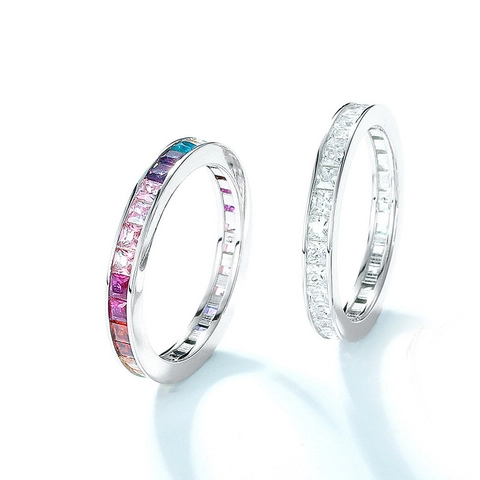 Anillo de Eternidad de Arcoíris de Plata de Ley 925 de Lujo para Mujer Circonia de Colores Incrustada Anillo de Banda Geométrica Minimalista