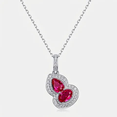 Collana con Pendente a Calebasse in Argento Sterling 925 Nuovo Stile Cinese per Donna con Rubino Sintetico e Strass Gioielli alla Moda