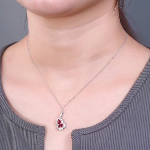 Collana con Pendente a Calebasse in Argento Sterling 925 Nuovo Stile Cinese per Donna con Rubino Sintetico e Strass Gioielli alla Moda