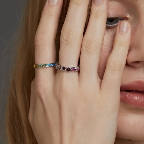 S925 Sterling Silver Rainbow Zirconia Eternity Ring For Women Thick White Gold Plated Colorful Multi Color Inlaid Wedding Band Fashion Jewelry
