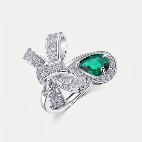 925 Sterling Silver Bowknot Ring Lab Grown Emerald Pear Cut Rhinestone Adjustable Open Ring Fashion Jewelry Gift For Women