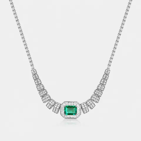 Collier Pendentif en Argent Sterling 925 Émeraude de Laboratoire Élégant Chaîne Vénitienne Incrustée de Zirconia Bijoux de Luxe Femme