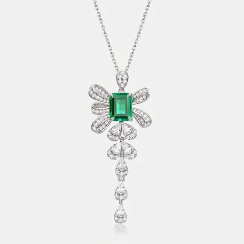 Luxury 925 Sterling Silver Lab-Grown Emerald Bowknot Tassel Necklace Rhinestone Bow Clavicle Chain Jewelry For Women Gift