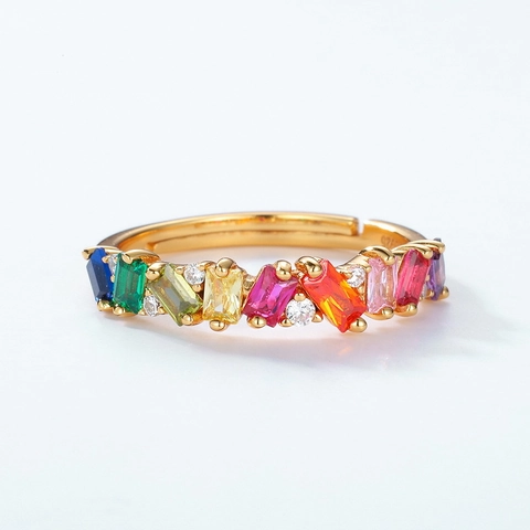 S925 Sterling Silver 10K Gold Plated Rainbow Zirconia Open Ring Minimalist Geometric Adjustable Finger Ring Women Jewelry