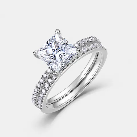 Anillo Y Alianza De Plata De Ley S925 Con Moissanita Para Mujer Corte Princesa Piedra Cuadrada Certificado GRA
