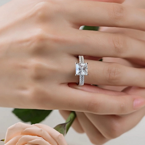 Anillo Y Alianza De Plata De Ley S925 Con Moissanita Para Mujer Corte Princesa Piedra Cuadrada Certificado GRA