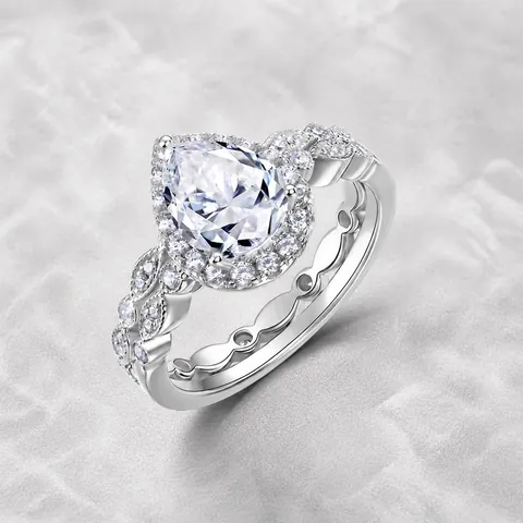 Luxurious 925 Sterling Silver Pear Cut Moissanite Ring With Halo Setting Twisted Band White Gold Plated Engagement Ring For Women
