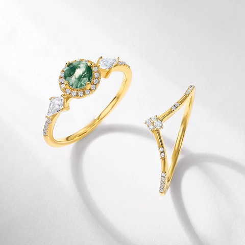 Set di Anelli in Argento Sterling 925 Agata Muschiata per Donna Placcato Oro Pietra Verde Tonda Gioielli Strass