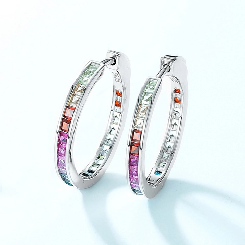 Lussuosi Orecchini a Cerchio in Argento Sterling 925 con Zirconia Colorata Orecchini Geometrici Minimalisti in Argento per Donna