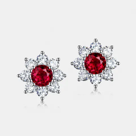925 Sterling Silver Flower Stud Earrings With Lab-Grown Ruby Sapphire Emerald Moissanite Inlaid Women Elegant Jewelry