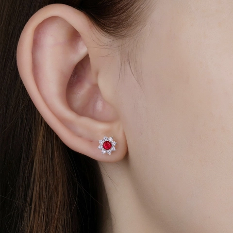 925 Sterling Silver Flower Stud Earrings With Lab-Grown Ruby Sapphire Emerald Moissanite Inlaid Women Elegant Jewelry