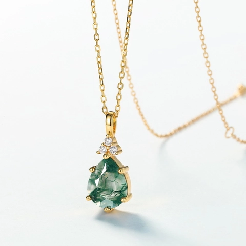 Luxuriöse 925 Sterling Silber Moosachat Anhänger Halskette Tropfenform Grün Achat Strass Anhänger Damen Schmuck Geschenk