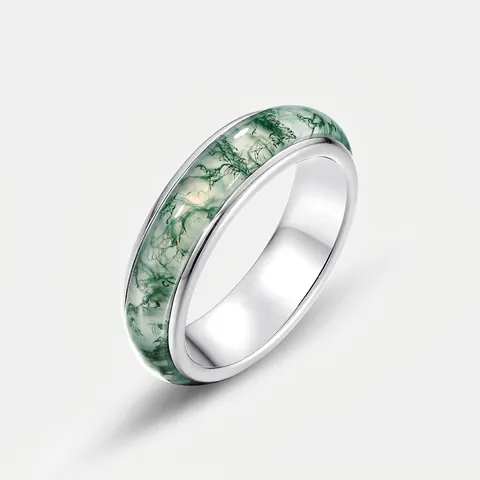 Minimalistischer 925 Sterlingsilber Natürlicher Grüner Moosachat Ring Für Damen Vintage Geometrischer Edelstein Ring Schmuck