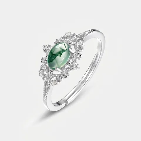 Vintage S925 Sterling Silver Moss Agate Open Ring For Women Elegant Oval Water Grass Agate Inlaid Zirconia Adjustable Jewelry