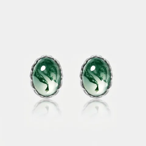 Vintage Natural Green Moss Agate Stud Earrings For Women 925 Sterling Silver Post Geometric Inlaid Gemstone Jewelry