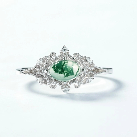 Vintage S925 Sterling Silver Moss Agate Open Ring For Women Elegant Oval Water Grass Agate Inlaid Zirconia Adjustable Jewelry