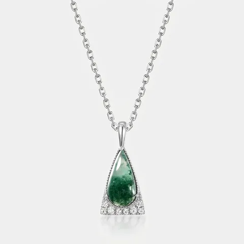 Elegante S925 Sterlingsilber Wassertropfen Moosachat Anhänger Halskette Für Damen Naturgrüner Stein Strass Schmuck