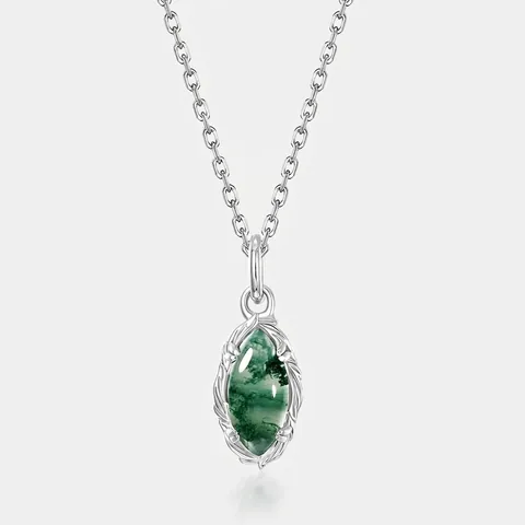 925 Sterlingsilber Moosachat Anhänger Halskette Für Damen Vintage Olivenzweig Rebe Design Marquise Form Grüne Stein Schmuck Geschenk