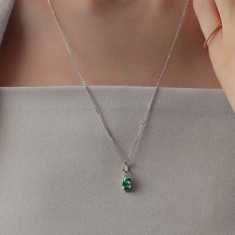925 Sterlingsilber Moosachat Anhänger Halskette Für Damen Vintage Olivenzweig Rebe Design Marquise Form Grüne Stein Schmuck Geschenk