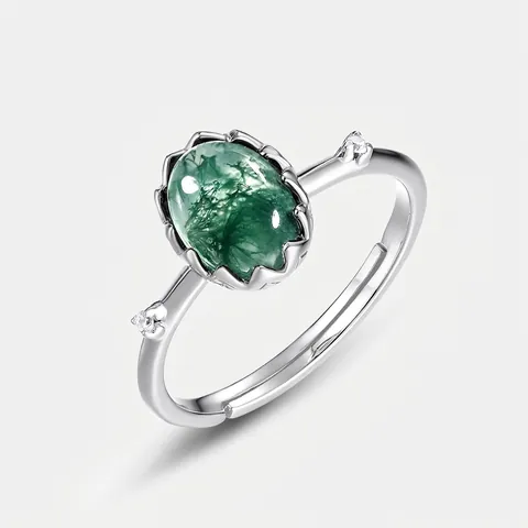 Vintage S925 Sterling Silver Moss Agate Adjustable Ring For Women Green Oval Gemstone Zirconia Inlaid Commuter Jewelry