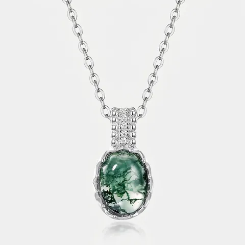S925 Argento Sterling Collana con Pendente in Agata Muschiata Verde per Donna Elegante Ovale Acqua Erba Agata Catenina Strass Gioielli Regalo
