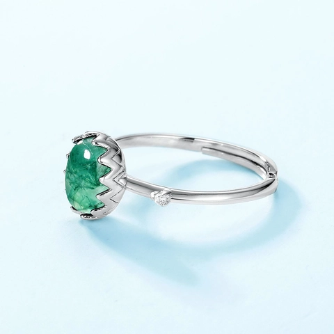 Vintage S925 Sterling Silver Moss Agate Adjustable Ring For Women Green Oval Gemstone Zirconia Inlaid Commuter Jewelry