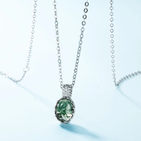 S925 Argento Sterling Collana con Pendente in Agata Muschiata Verde per Donna Elegante Ovale Acqua Erba Agata Catenina Strass Gioielli Regalo