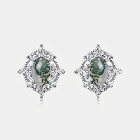 Boucles d'Oreilles Clous en Argent Sterling S925 Agate Mousse Vintage pour Femmes Ovale Agate Verte Naturelle Strass Bijoux Mode