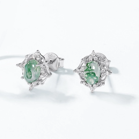 Boucles d'Oreilles Clous en Argent Sterling S925 Agate Mousse Vintage pour Femmes Ovale Agate Verte Naturelle Strass Bijoux Mode