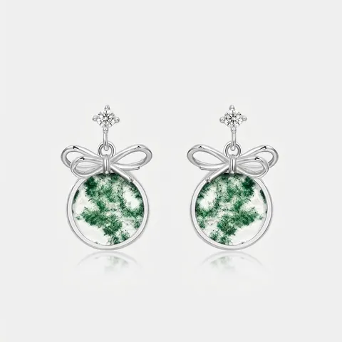 Orecchini a Bottone in Argento Sterling 925 Agata Muschiata per Donna Elegante Fiocco Tondo Pietra Verde Zirconia Gioielli