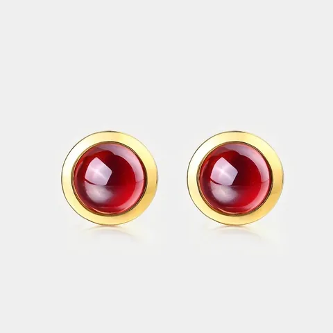 925 Sterling Silver Gemstone Stud Earrings Round Cabochon Prehnite Topaz Rose Quartz Garnet Plated Gold Bezel Setting Jewelry