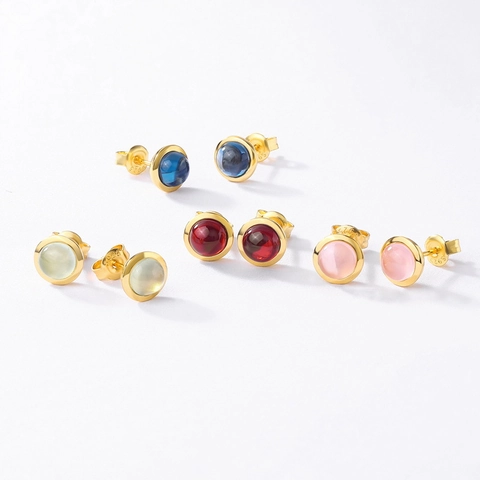 925 Sterling Silver Gemstone Stud Earrings Round Cabochon Prehnite Topaz Rose Quartz Garnet Plated Gold Bezel Setting Jewelry