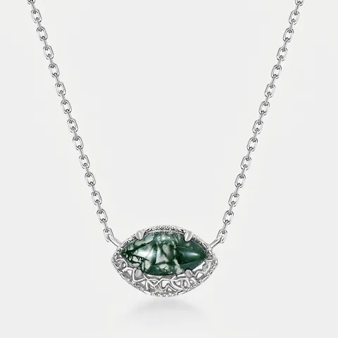 Collana con Ciondolo in Agata Muschiata Argento Sterling 925 Donna Taglio Marquise Pietra Naturale Minimalista Gioielli Eleganti