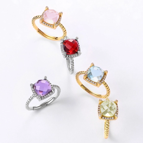 S925 Sterlingsilber Quadratisch Kissen-Schliff Edelstein Offener Ring Für Damen Vintage Seil Textur Verstellbare Candy Farben Ringe Citrin Topas Amethyst Rosenquarz Granat Schmuck