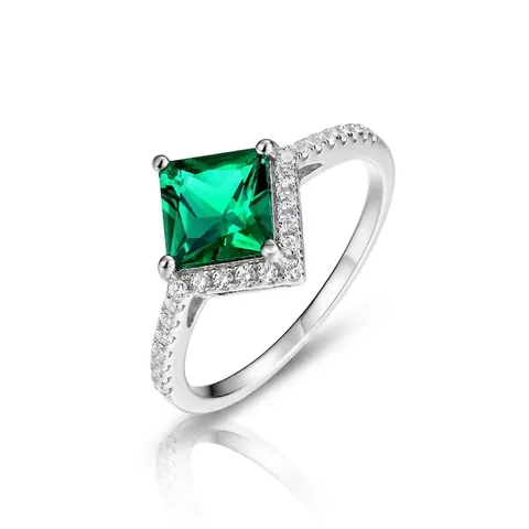 Vintage S925 Sterling Silver Ring For Women Lab-Grown Emerald Princess Cut Inlaid Rhinestone Halo Luxurious Wedding Jewelry Accessory