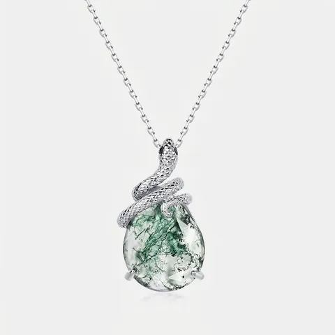 Vintage 925 Sterling Silver Snake Pendant Necklace For Women Natural Green Moss Agate Waterdrop Stone Mysterious Animal Jewelry