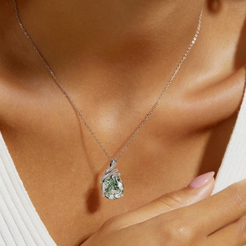 Vintage 925 Sterling Silver Snake Pendant Necklace For Women Natural Green Moss Agate Waterdrop Stone Mysterious Animal Jewelry