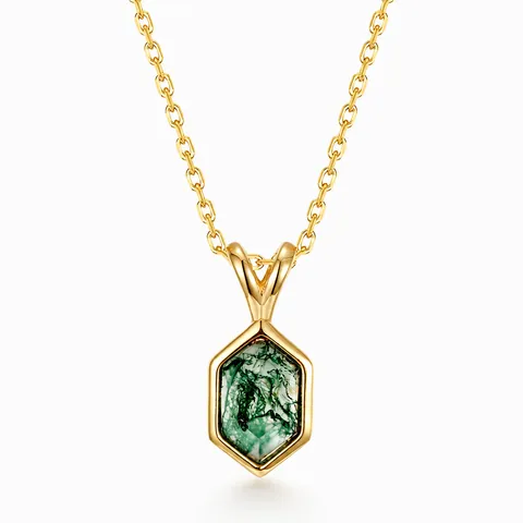 925 Sterling Zilver Geometrische Zeshoek Most Achat Hanger Ketting Goud Verguld Natuurlijke Groene Steen Sieraden Voor Dames
