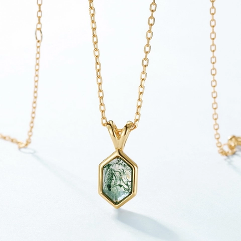 925 Sterling Zilver Geometrische Zeshoek Most Achat Hanger Ketting Goud Verguld Natuurlijke Groene Steen Sieraden Voor Dames