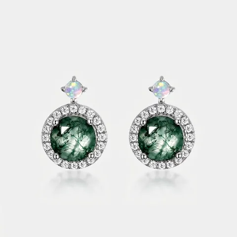 Eleganti Orecchini a Bottone in Argento Sterling 925 Agata Muschiata Con Zirconia per Donna Gioielli Geometrici Regalo