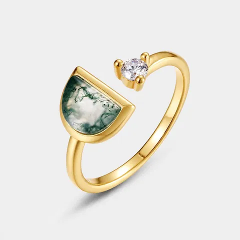 Vintage 925 Sterling Silver Gold Plated Moss Agate Open Ring For Women Geometric Water Grass Agate Inlaid Zirconia Adjustable Jewelry