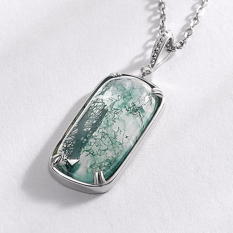 925 Sterling Silver Geometric Pendant Necklace Natural Moss Agate Rose Quartz Stone Minimalist Clavicle Chain Women Jewelry