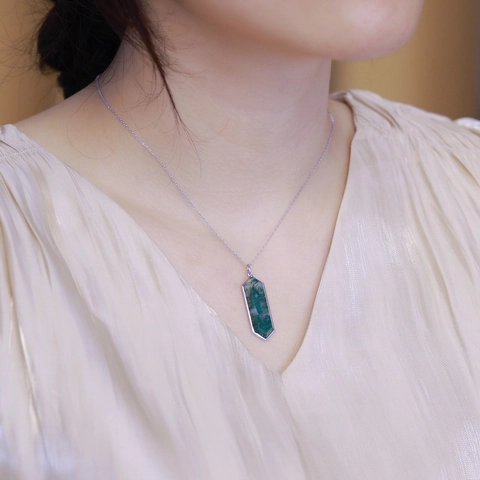 S925 Sterling Silver Moss Agate Pendant Necklace Hexagonal Green Water Grass Clavicle Chain Elegant Jewelry Women Gift