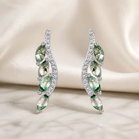 S925 Sterling Silver Moss Agate Leaf Stud Earrings For Women Elegant Green Water Grass Agate Inlaid Rhinestone Nature Jewelry