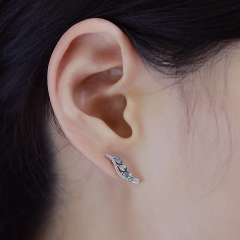 S925 Sterling Silver Moss Agate Leaf Stud Earrings For Women Elegant Green Water Grass Agate Inlaid Rhinestone Nature Jewelry