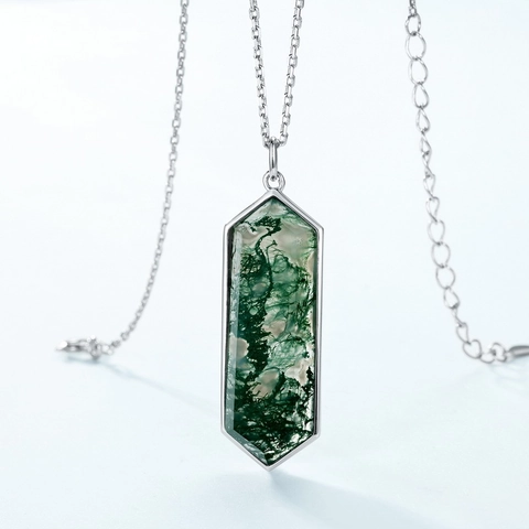 S925 Sterling Silver Moss Agate Pendant Necklace Hexagonal Green Water Grass Clavicle Chain Elegant Jewelry Women Gift